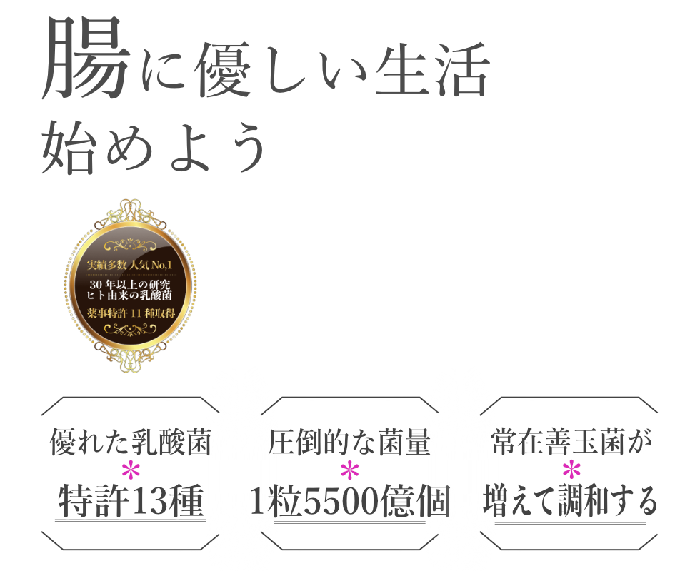 リセットフローラ プレミアム
腸に優しい生活 始めよう
優れた乳酸菌*特許13種
圧倒的な菌量*1粒5500億個
常在善玉菌が爆発的に増える
